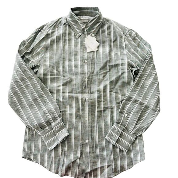 Brunello Cucinelli Men's Linen Button Front Green Stripe Shirt Size Medium NEW - Picture 2 of 8